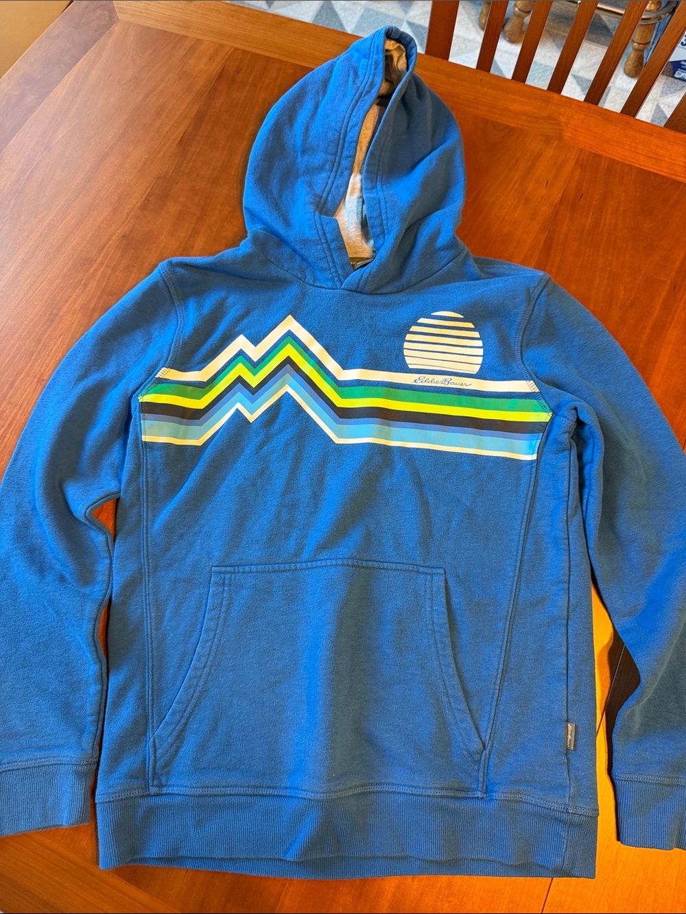 Eddie Bauer Blue Hooded Zip-Up Sweater with Multi-Stripe Graphic